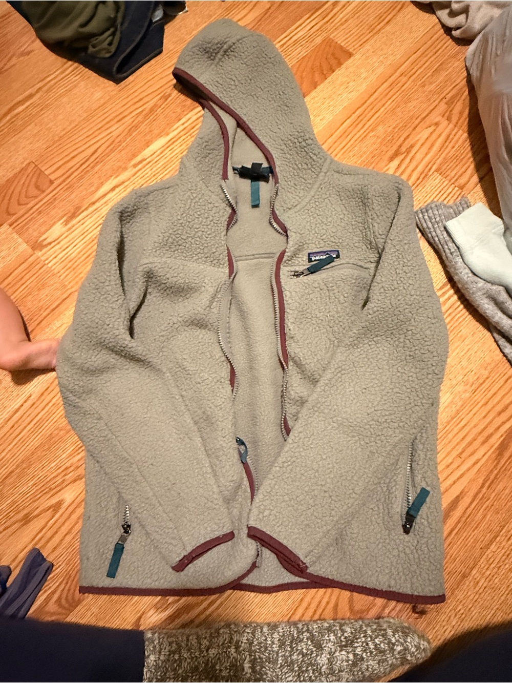 Patagonia Hooded Fleece Jacket in Light Gray with Maroon Trim